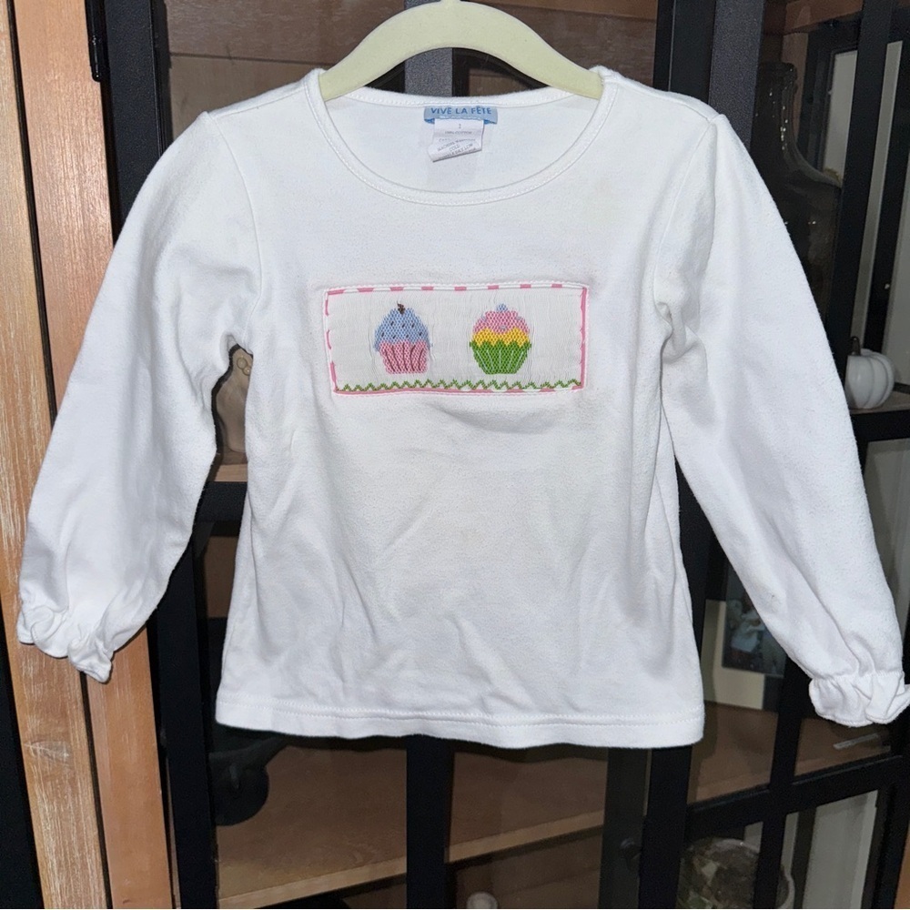 Vive La Fete smocked cupcakes tee long sleeve toddler girl ruffles top embroider
